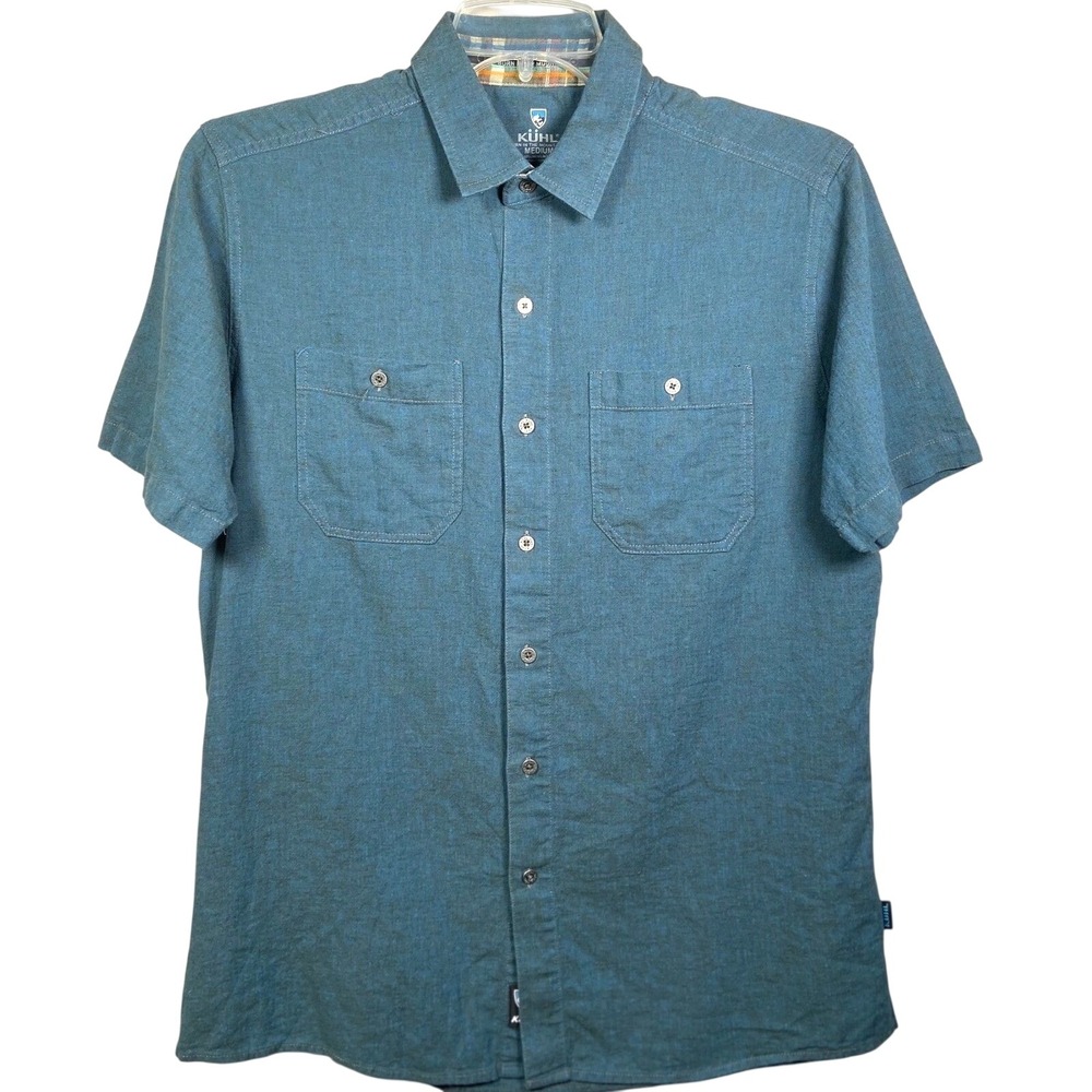 Kuhl Linen Shirt Mens Medium Short Sleeve Button Up Teal Outdoor Casual